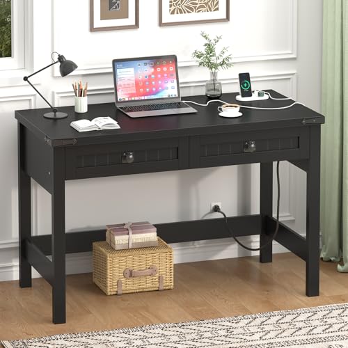 39 Inch Farmhouse Small Computer Desk with Drawers for Bedroom, Home Office - color: Black