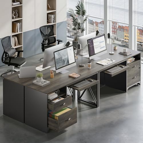 Bestier Office Desk with Drawers, 55 inch Industrial Computer Desk with Storage, Wood Teacher Desk with Keyboard Tray & File Drawer for Home Office, Dark Gray Oak - color: Dark Gray Oak