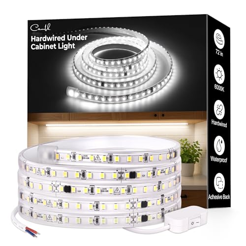 cambk 72inch Hardwired Under Cabinet Lighting for Kitchen,120V Wired Undercounter Led Strip Lights 6000K White Waterproof, Luces para Cocina Bajo Gabinete Under Shelf Lights for Sink/Workbench - size: 72in
