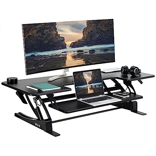 VIVO Black 48 in Standing Desk Converter, DESK-V048V | Extra Large, Height Adjustable, Stand Up Desk Riser, Keyboard Tray, Dual Monitor & Laptop Workstation, Black Frame, V Series - color: Black, size: 48"