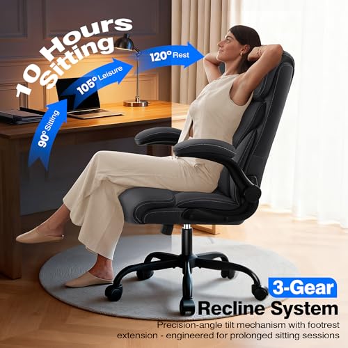 AreShark Executive Office Chair - 400lbs Heavy Duty Ergonomic Desk Chair with Comfy Cushion, High Back Breathable Leather Computer Chair with Flip-up Arms & Rocking Function for Home Office - color: Ebony