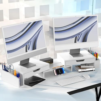 Simple Houseware Desk Dual Monitor Stand Riser with 2 Drawers, White - color: White