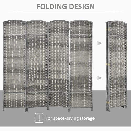 HOMCOM 4 Panel Room Divider 6 Ft Privacy Screen Hand-Woven Mixed Gray | Folding PP Wall Partition, Pine Wood Frame, Freestanding Room Separator, Bedroom Home Office, No Assembly - color: Mixed Gray, size: 4 Panel