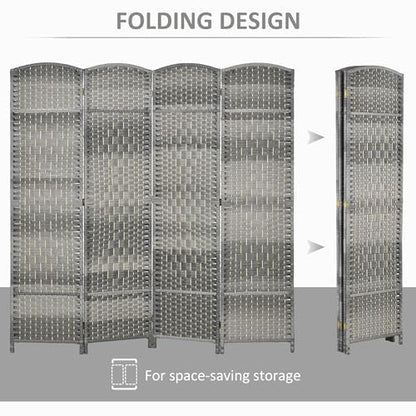 HOMCOM 4 Panel Room Divider 6 Ft Privacy Screen Hand-Woven Mixed Gray | Folding PP Wall Partition, Pine Wood Frame, Freestanding Room Separator, Bedroom Home Office, No Assembly - color: Mixed Gray, size: 4 Panel