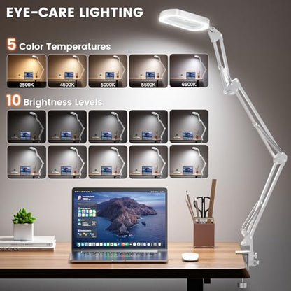 10X Rectangle Magnifying Lamp, Large Magnifying Light with 5 Color Modes | Magnifying Glass with light and Clamp, Hands Free, for Close Work, Crafts, Jeweller Repair, Painting, Hobbies - color: White