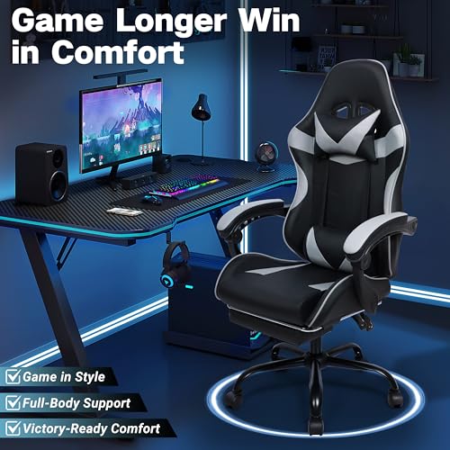 Gaming Chair with Footrest and Lumbar Support, Height Adjustable Chair with 360°Office Desk Chair,Heavy Duty 330lbs Computer Chair for Adults - color: Grey & Black