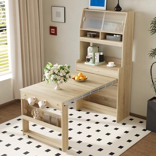 Buffet Cabinet with Hutch, Foldable Dining Table, Natural Oak Finish | MDF frame, natural oak finish, foldable 50.4 in table, hutch shelves, glass doors, side hooks, 66.1 L x 31.5 W x 69 H in - color: Natural + Mdf + Farmhouse 2