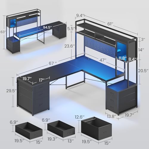 SEDETA Reversible L Shaped Gaming Desk with 6 Drawers, Hutch, Led Lights - color: Black