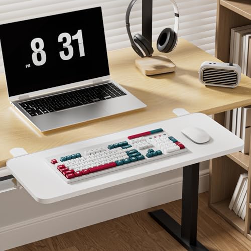 Keyboard Tray Under Desk Ergonomic Keyboard Holder with Adjustable C Clamp 25x9 Inches C Clamp Mount 90 Degree Folding Mouse Computer Keyboard Platform Tray White