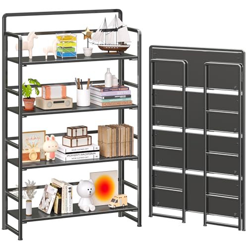 4NM No Assembly Extra Wide 4 Tiers Folding Bookshelf Storage Shelves Vintage Bookcase Standing Racks Study Organizer Home Office (All Black) - color: All Black, size: Wide 4 Tiers