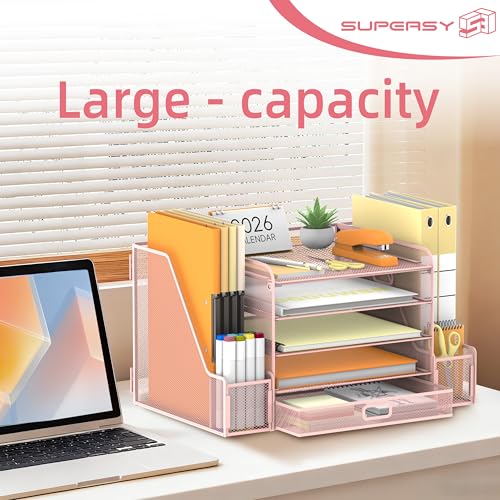 SUPEASY Mesh Desk Organizer with File Holder, 5-Tier Paper Letter Tray Organizer with Magazine Holder, Desktop Organizer and Storage with Drawer for Office Supplies Home or School (Pink) | Two side magazine holders and a bottom drawer store papers, folder