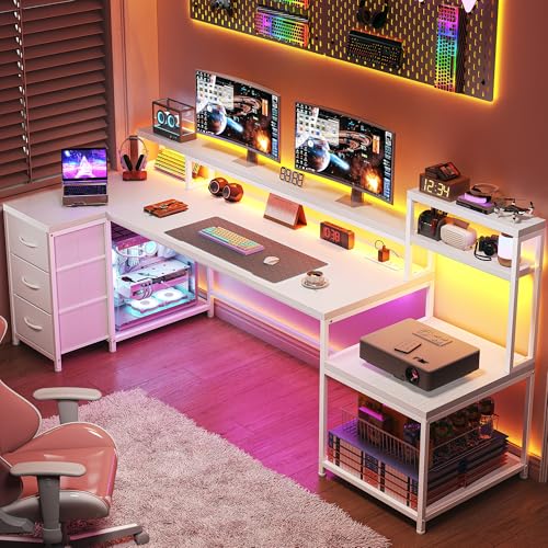 EnHomee71 White L Shaped Desk with Drawers,Printer Shelf for Home Office | 3 Fabric Drawers, Printer Stand & Shelves; Organize Office and Study Supplies for Tidy Bedroom & Study Space,White - color: White