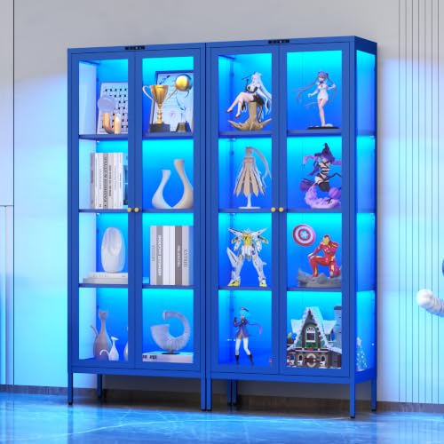 Polup 66" Blue Glass Display Cabinet with 8-Color LED for Collectibles | Metal Frame & Tempered Glass Doors, 3 Adjustable Shelves, Motion Sensor LED,4-Tier Space, for Indoor Plants & Figures - color: Blue, size: 66"H-8 Color Lights