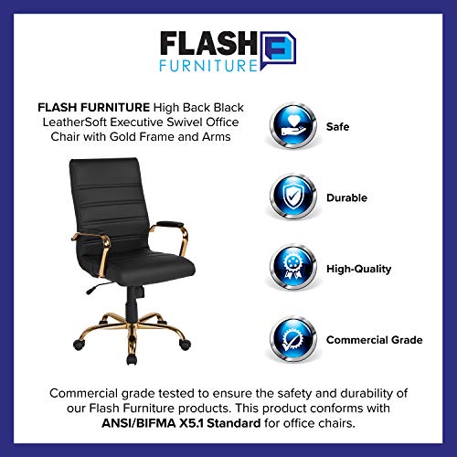Flash Furniture High Back LeatherSoft Executive Office Chair, Black/Gold | 360° Swivel, Height Adjustable, Commercial Grade - color: Black Leathersoft/Gold Frame