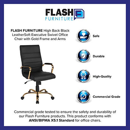 Flash Furniture High Back LeatherSoft Executive Office Chair, Black/Gold | 360° Swivel, Height Adjustable, Commercial Grade - color: Black Leathersoft/Gold Frame