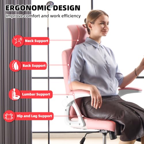 Leather Office Chair,Executive Ergonomic Desk Chair for Home Office, White-Pink - color: White-pink