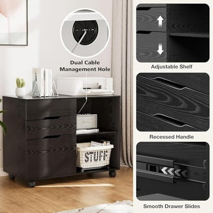 Healsmart Multifunction File Cabinet with Wheels, 3-Drawer Rolling Storage Organizer with Wood Top & Adjustable Shelf, Mobile Filing Cabinet Printer Stand for Home Office Small Space, Black - color: Black, style: Upgrade