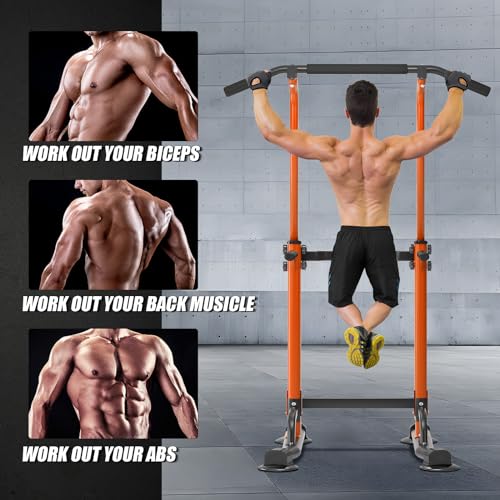 soges Power Tower Pull Up Bar Station, Free Standing Pull Up Rack Dip Station for Home Gym, Height Adjustable Home Strength Training Fitness Workout Equipment - color: Orange