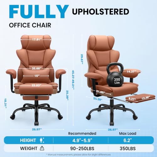 ALLGOD Office Desk Chair, Big and Tall Executive Chair with Lumbar Support, High Back Computer Gaming Chair, PU Leather with Pocket Spring Cushion, Adjustable Armrests and Footrest, Brown - color: Brown
