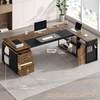 78" Executive Desk with Lockable File Cabinet, L Shaped Office Desk with Power Outlets, Large Executive Desk with Drawers and Storage Shelves, Reversible Computer Desk, Rustic Brown - color: Rustic Brown