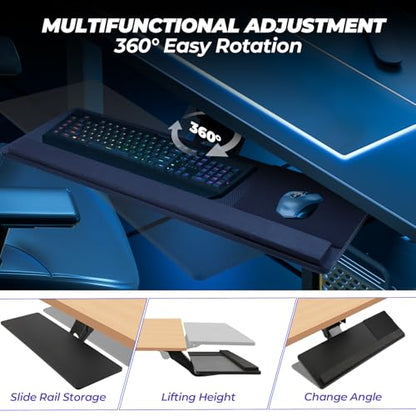 Keyboard Tray Under Desk,360° Adjustable Slide Out Keyboard Tray Under Desk | with Mouse Pad & Wrist Rest，Ergonomic Large Size Keypad Tray Holder， Suitable for Office/Game/Home