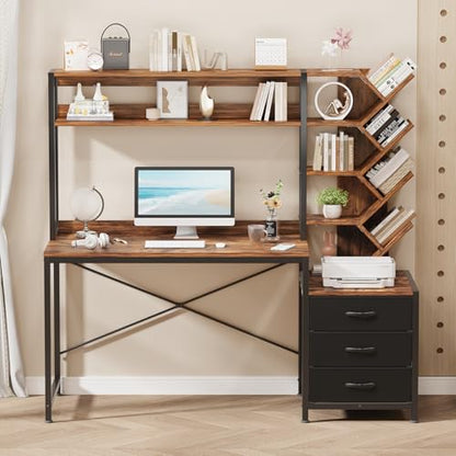 YOMILUVE 52" Computer Desk with Bookshelf, 3 Drawers ＆ Hutch for Bedroom | Office Desk with Printer Shelf, Study Writing Desk with Storage Shelves, Rustic Brown - color: Rustic Brown