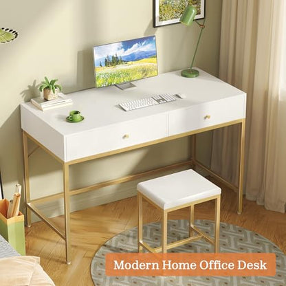 SUPERJARE 43-inch Modern White & Gold Desk - 2 Drawer Vanity - color: Gold and White, size: 43.3 inch