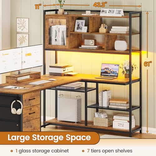 SEDETA 58'' L Shaped Computer Office Desk with 3 Drawers and Bookshelf - color: Rustic Brown
