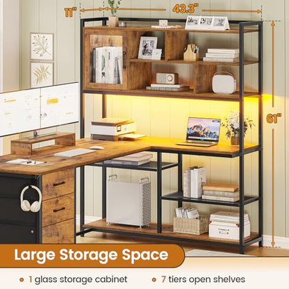 SEDETA 58'' L Shaped Computer Office Desk with 3 Drawers and Bookshelf - color: Rustic Brown