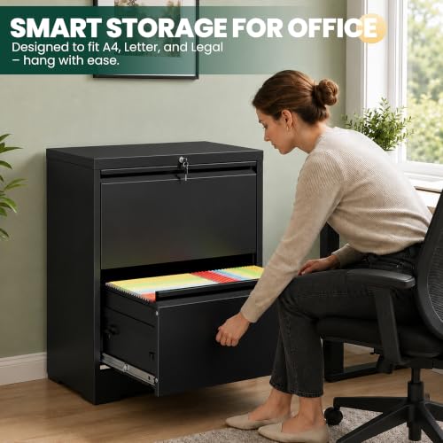 2 Drawer Lateral File Cabinet, 26.8"W Filing Cabinet for Home Office, Black | Heavy-Duty Steel Locking File Cabinet, Hanging Letter/Legal/A4 Size, Full-Extension Drawer, Assembly Required - color: Black, size: 2 Drawers (26.77 in Width)
