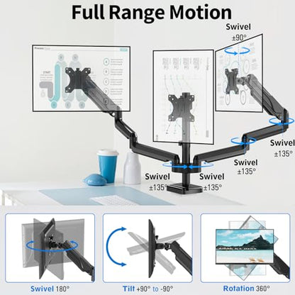 MOUNTUP Triple Monitor Mount for 17-32 inch Screens, Full Motion Triple Monitor Stand, 3 Monitors Desk Mount Holds 4.4-19.8 lbs Each, Clamp & Grommet Mounting, Black - size: Triple