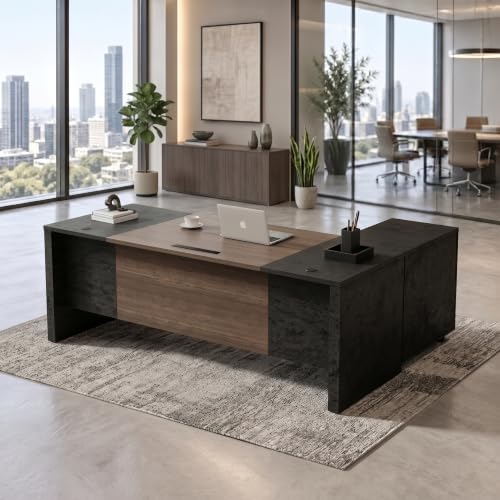 SAINTCY Executive Office Desk with Mobile File Cabinet, L Shaped Desk with Power Outlet & Drawers, Modern Wood Office Desk for Home Office, Studio & Business Workspace (Dark Walnut, 78.75" W) - color: Dark Walnut, size: 78.75"W