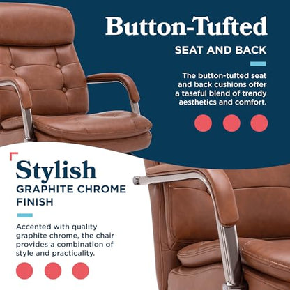 La-Z-Boy Sonata Executive Mid-Back Office Chair, Button-Tufted Seat and Back, Double-Layer Cushion, Padded Armrests, Ergonomic Computer DeskChair, Swivel Metal Base, Bonded Leather, Cognac/Graphite - color: Cognac and Graphite