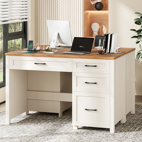 Farmhouse 47" Executive Desk, Computer Desk with File Drawer, Unique White - color: Unique White, size: Right Mounted