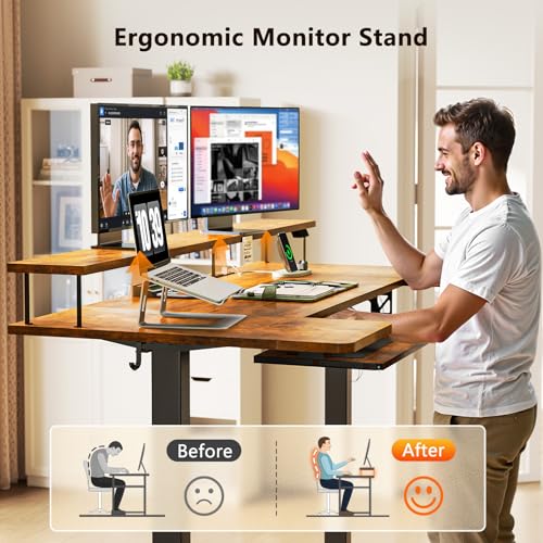 OffiGo 55 Inch U Shaped Standing Desk with Keyboard Tray, Rustic Brown - color: Rustic Brown, size: 55 Inch