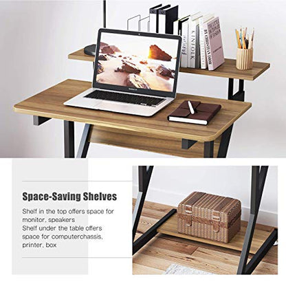 Dripex Computer Desk for Small Spaces, Z Shaped Small Computer Desk, 27.5 inch Compact Desk with Monitor Shelf and Bottom Storage Shelves, Space Saving Desk, Walnut - color: Walnut