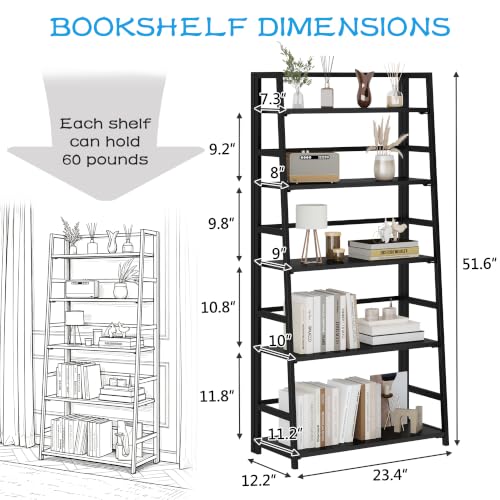 JSB 5 Tier Bookshelf, No Assembly Folding Ladder Bookshelf, 51.6in Tall Foldable Ladder Shelf, Bookcase for Home Office, Living Room,Space-Saving (All Black, 5 Tier) - color: All Black