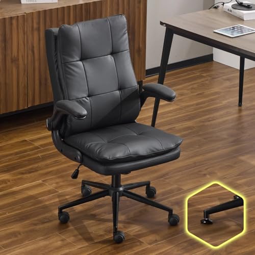 VINGLI Comfy Black Leather Office Desk Chair,Ergonomic High-Back Support Computer Gaming Chair with/No Wheels,Dual-Base,Adjustable Height,Flip-Up Arms,360° Swivel Rolling Task Chair for Home Office - color: Black-1
