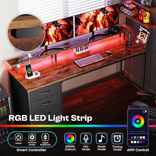 Huuger 63 Inch Rustic Brown Gaming & Office Computer Desk with 4 Drawers, Monitor Stand, LED Lights & Power Outlets - color: Rustic Brown, size: 63 INCH