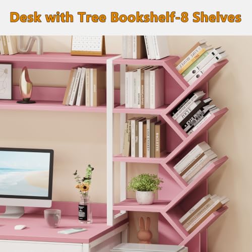 YOMILUVE 52" Computer Desk with Bookshelf, 5 Drawers ＆ Hutch for Bedroom | Pink Office Desk with Printer Shelf, Study Writing Desk with Storage Shelves - color: Pink