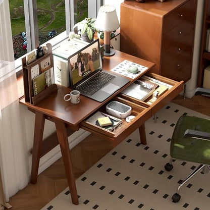 100% Solid Rubber Wood Desk Home Office Desk Mid Century Modern Writing Computer Desk with Drawer for Home Office 39" - color: Teak-rubberwood, size: 39.37"W