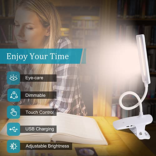 LED Reading Light with Clip USB Rechargeable Book Lights, Eye Protection 24 LEDs Flexible Neck Night Bed Lamp, Touch Control Portable Clamp Desk Lamps for Bed Headboard, Computers - color: White