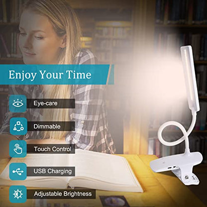 LED Reading Light with Clip USB Rechargeable Book Lights, Eye Protection 24 LEDs Flexible Neck Night Bed Lamp, Touch Control Portable Clamp Desk Lamps for Bed Headboard, Computers - color: White