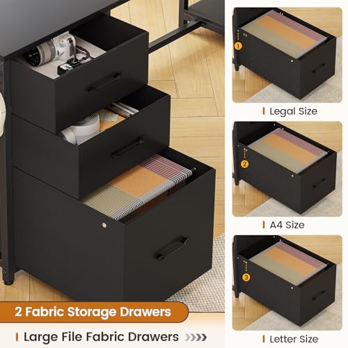 SEDETA 58'' L Shaped Computer Office Desk with 3 Drawers and Bookshelf - color: Black