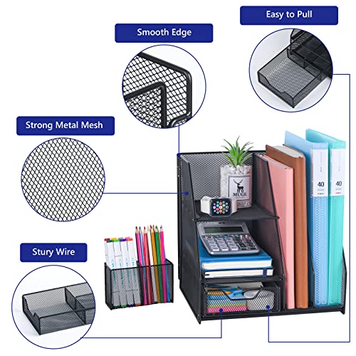 Topwey Desk Organizers and Acceessories for Office School Study | 2-Tier Paper, Letter Tray, 1 Drawer and 2 Pen Holder - color: dark black
