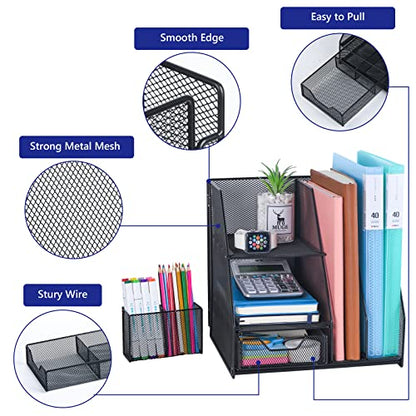 Topwey Desk Organizers and Acceessories for Office School Study | 2-Tier Paper, Letter Tray, 1 Drawer and 2 Pen Holder - color: dark black