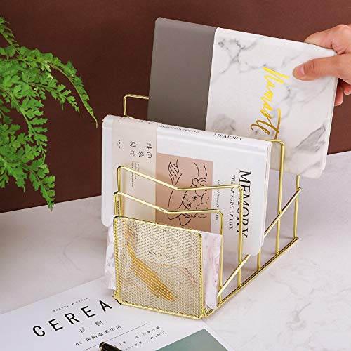 Incline File Sorter, Wire Magazine Holder Rack for Mails, Folders and Books, Desk Paper Storage Organizer for Home and Office, 5 Sections, Gold