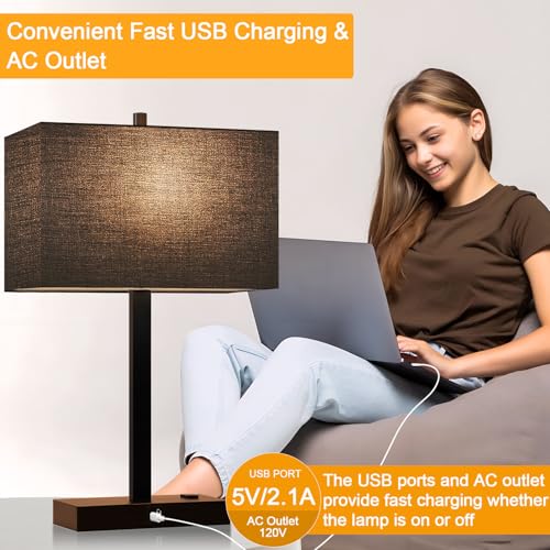 21" Touch Bedside lamps with 2 USB & AC Outlets, 3-Way Dimmable Bedside Table Lamps Set of 2 for Bedroom Living Room Office Reading, Black Shade Lamps for Night Stands, 2700K LED Bulbs Included - color: Black Linen & Matte Black