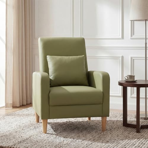 COLAMY Mid-Century Modern Accent Chair, Faux Leather Upholstered Living Room Chair with Back Pillow & Solid Wood Legs, Comfy Armchair for Living Room, Bedroom, Single Sofa, Light Green - color: Light Green, size: Set of 1