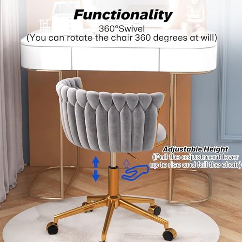 HENGJIANYI Velvet Woven Home Swivel Vanity Desk Chair with Gold Base, Gray | Modern Height Adjustable Office Chair with Metal Base and Hand Weaving Back Wheels for Bedroom Study Small Space girl women - color: Grey
